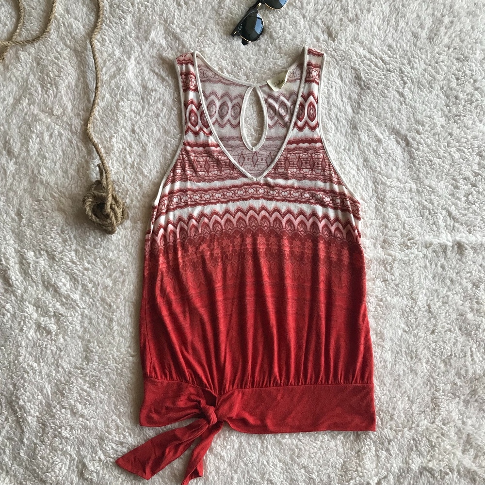 Deletta Print Keyhole Tie Knot Boho Tank Top Sz S